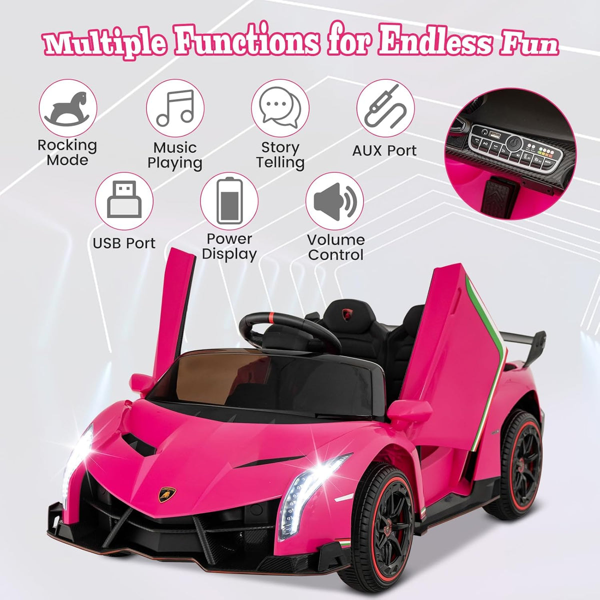 Costzon Pink Lamborghini Ride on Car, 12V Battery Powered 4WD Lambo Kids Car with Remote Control, 3