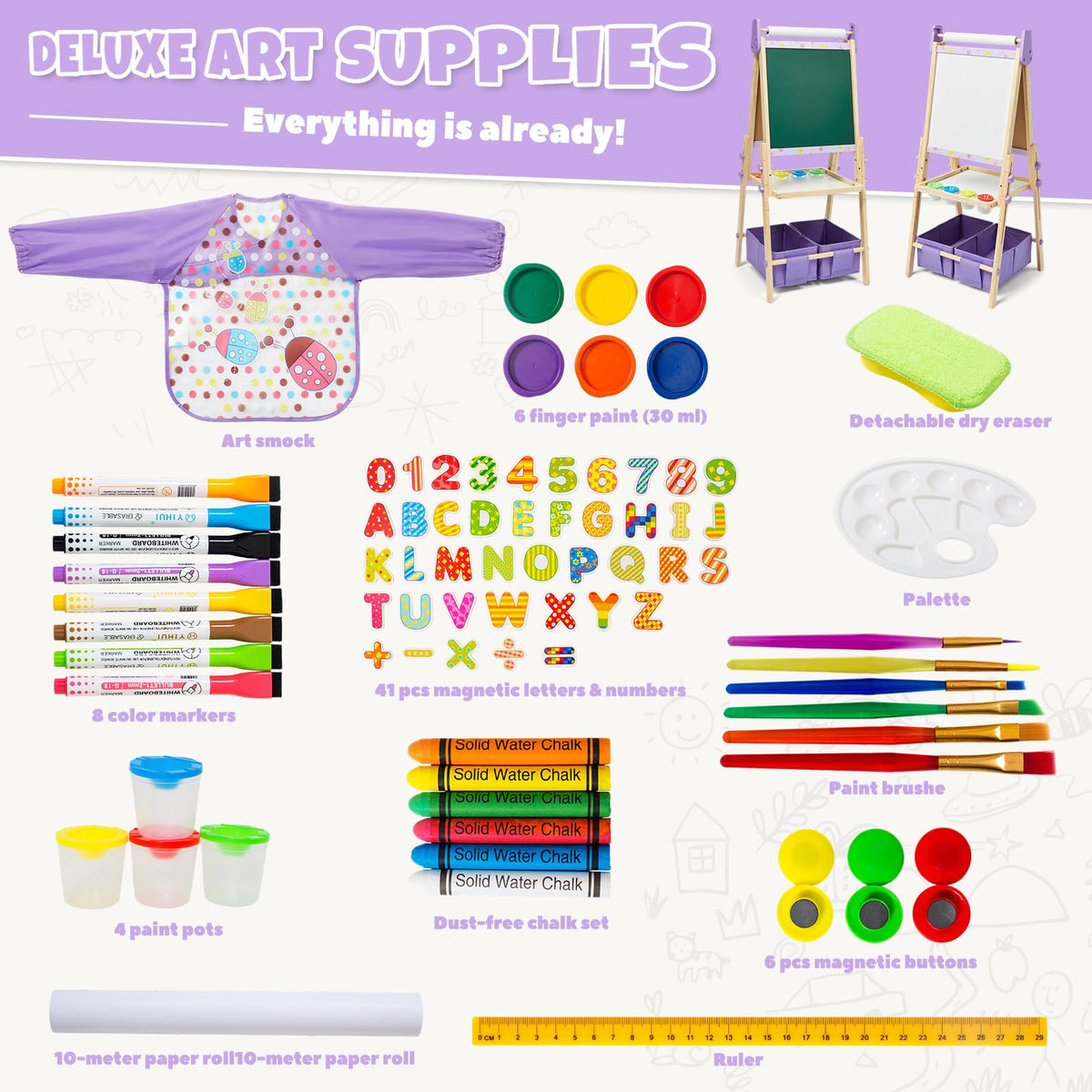 3-in-1 Kids Art Easel Set, Height Adjustable Magnetic Whiteboard & Chalkboard with Painting Paper