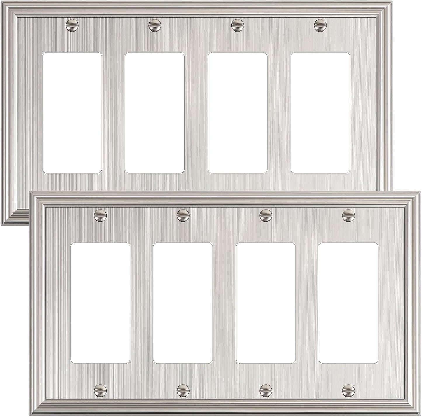 2-Pack Quad Decorator Outlet Cover Plate, Zinc Alloy Brushed Nickel Switch Plates and Outlet