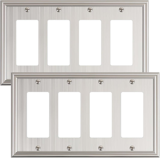 2-Pack Quad Decorator Outlet Cover Plate, Zinc Alloy Brushed Nickel Switch Plates and Outlet