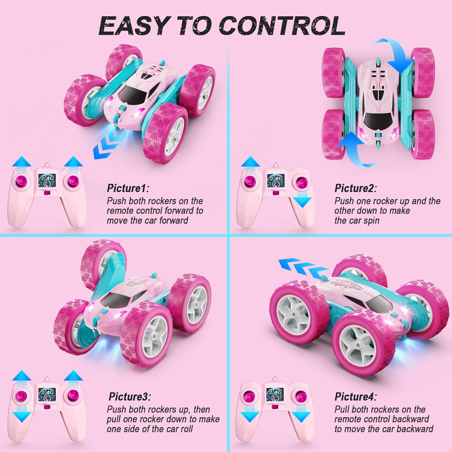 RC Cars, Pink Remote Control Car for Girls, 2.4 GHZ Double Sided RC Stunt Car 360° Rotating Remote