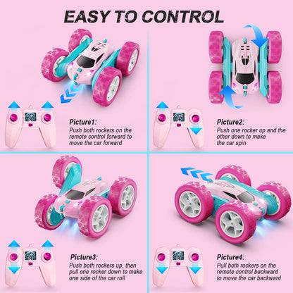 RC Cars, Pink Remote Control Car for Girls, 2.4 GHZ Double Sided RC Stunt Car 360° Rotating Remote