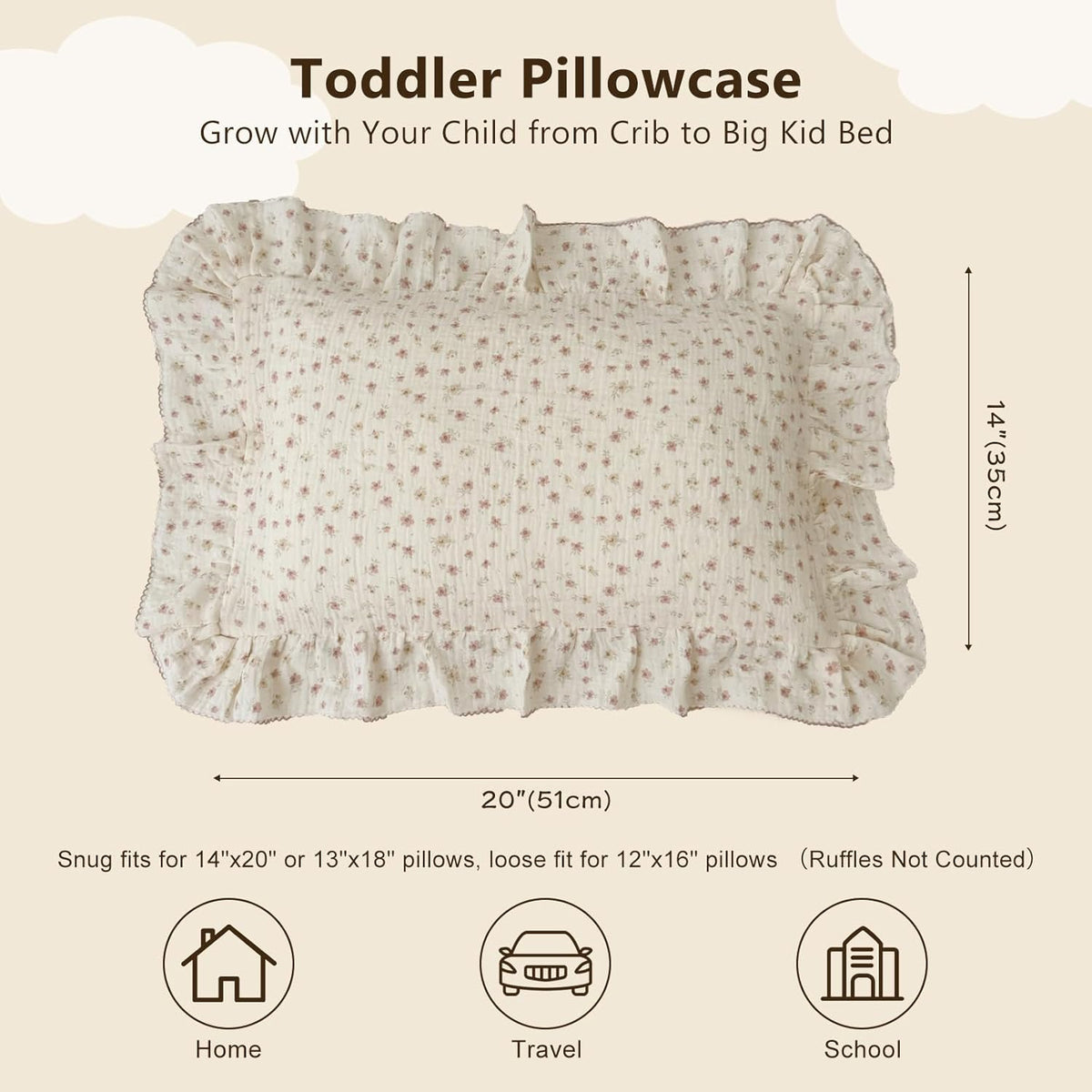 BuLuTu 2-Layer Cotton Muslin Toddler Pillowcases for Girls Boys Floral Pillow Cover Decorative