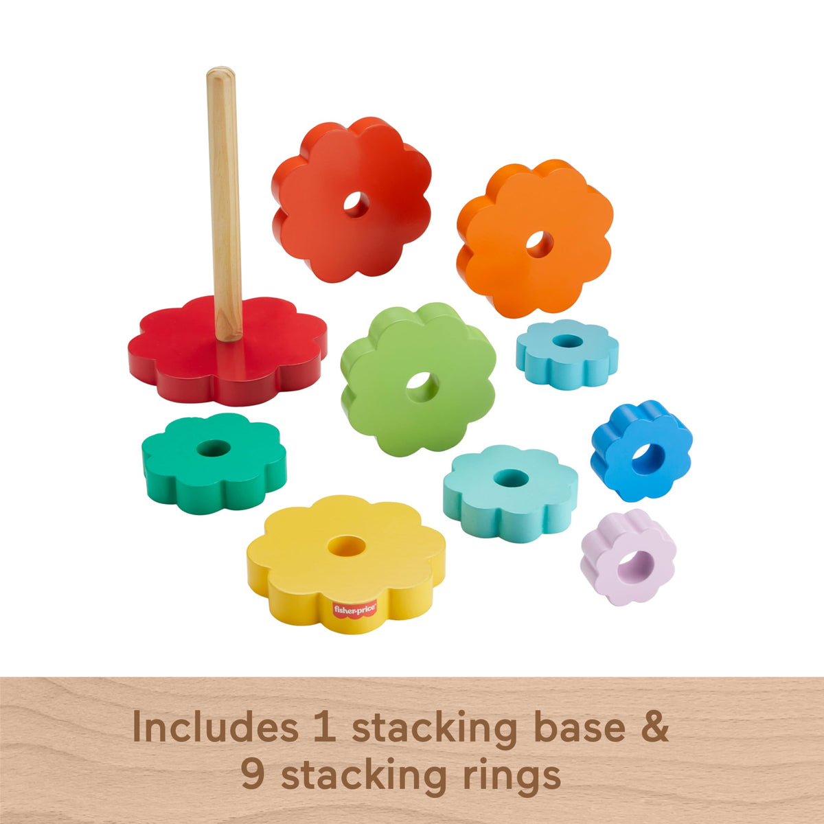 Fisher-Price Wood Toddler Toy Ring Stacker, 10-Piece Wooden Stacking Activity for Fine Motor Skills