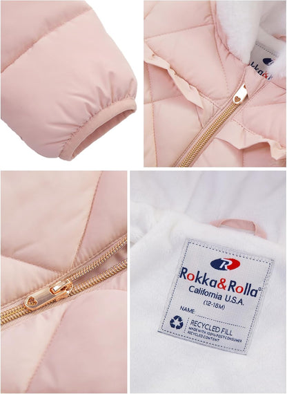 Rokka&Rolla Baby Girls' Water-Resistant Puffer Jacket Hooded Winter Coat with Soft Mini Fur Lining