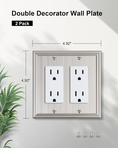 2-Pack Decorative Double Decorator Outlet Cover Plate, Durable Zinc Alloy Brushed Nickel Wall
