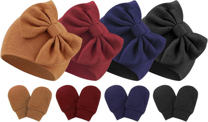 BQUBO Newborn Baby Hats Mittens Set Hospital Hat Beanie Infant Bow Hats Baby Gloves No Scratch