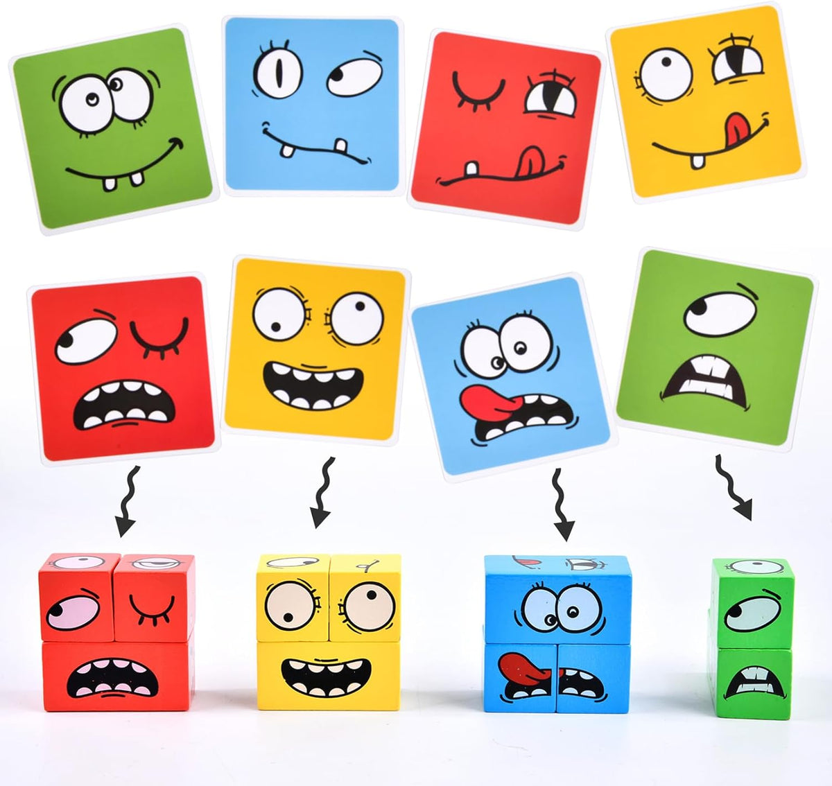 Wooden Face Changing Magic Cube Game, Expression Puzzle Building Blocks Pattern Matching Game