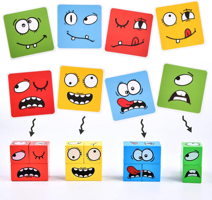 Wooden Face Changing Magic Cube Game, Expression Puzzle Building Blocks Pattern Matching Game