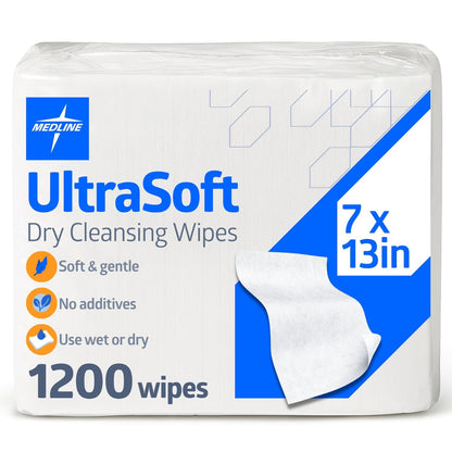 Medline Ultrasoft Dry Baby Wipes, Gentle Disposable Cleansing Cloths, 1,200 Count, Dry Wipe Size is
