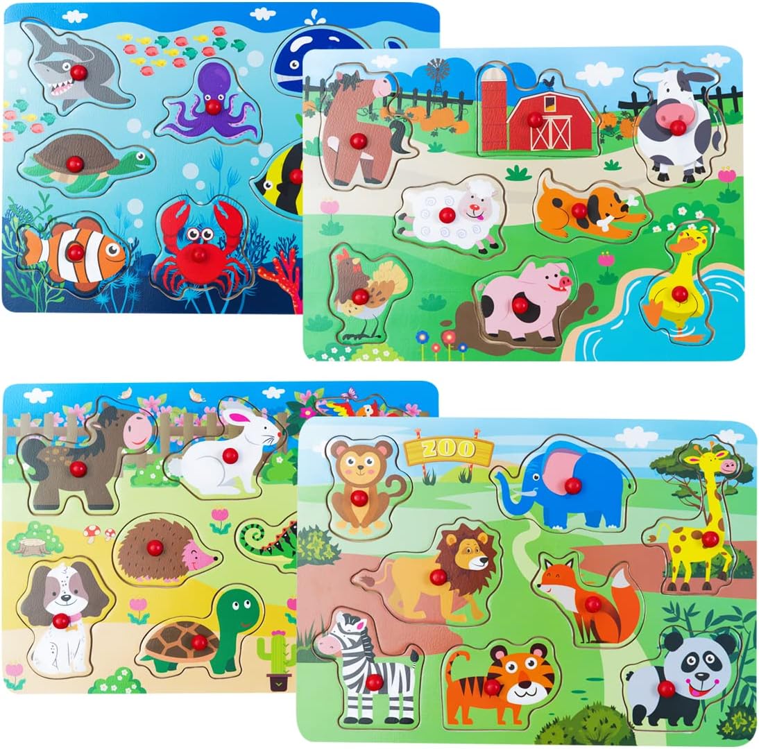 Peg Puzzle Set of 4 (32 pcs), Wooden Knob Puzzles for Toddlers Ages 1-3, Farm Zoo，Forest Animals