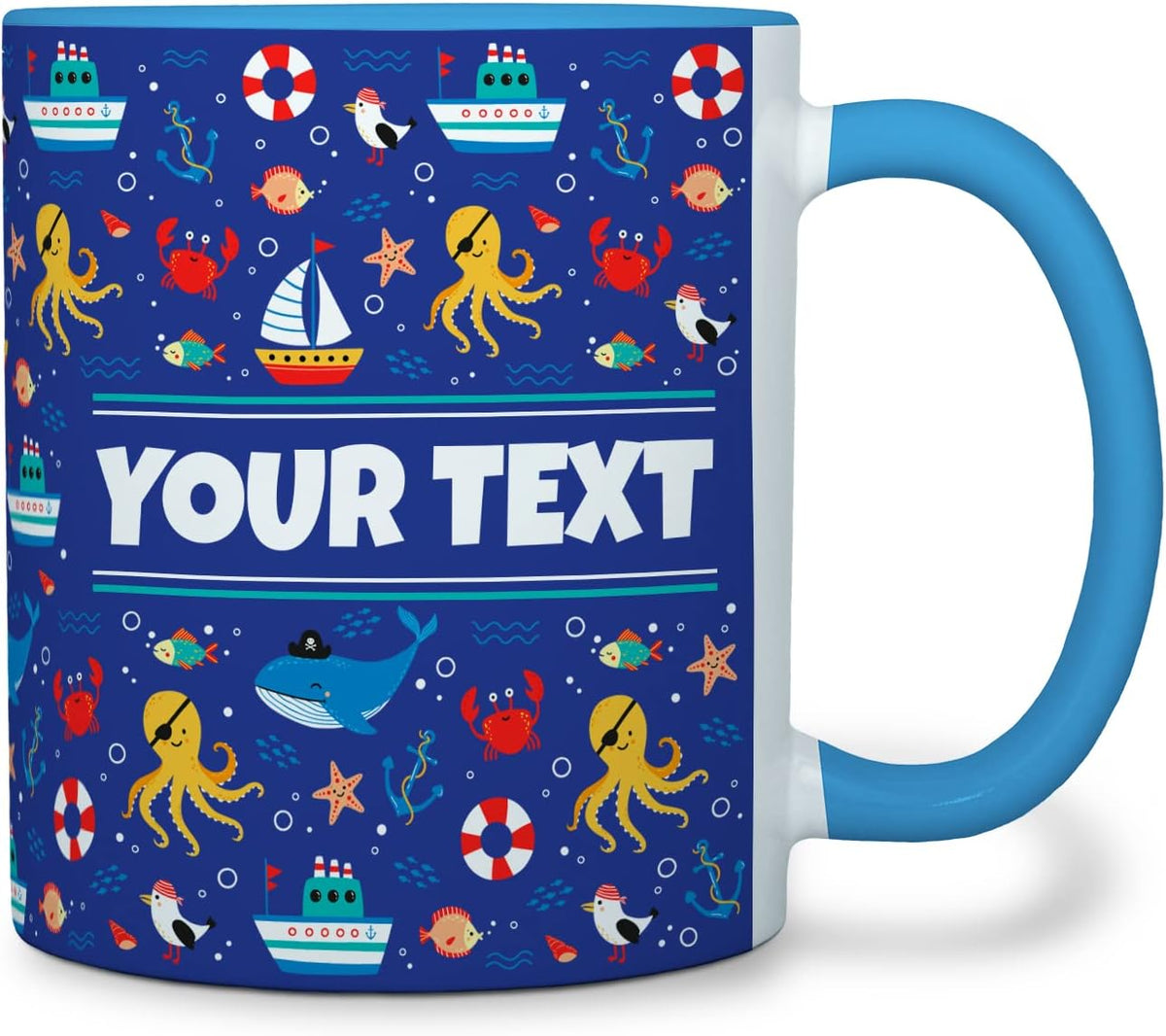 Personalized Mug for Kids - Nautical - Custom Name/Text, Ceramic Hot Chocolate/Cocoa/Coffee Cup for