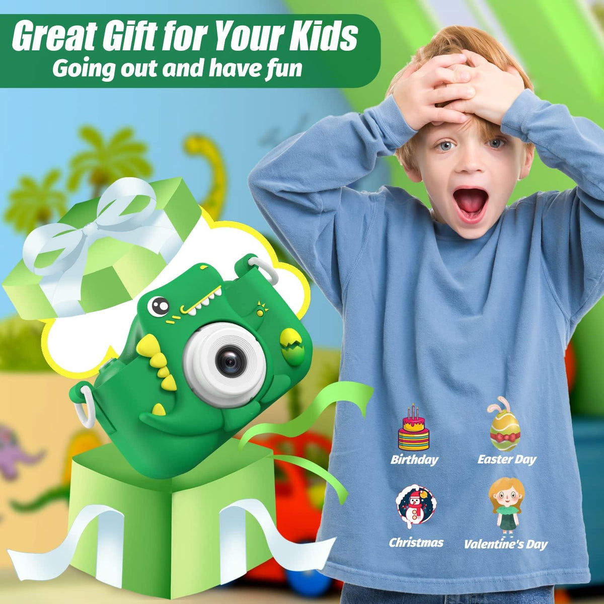 Upgrade Dinosaur Kids Camera, Christmas Birthday Gifts for Girls Boys 3-12, 1080P HD Selfie Digital