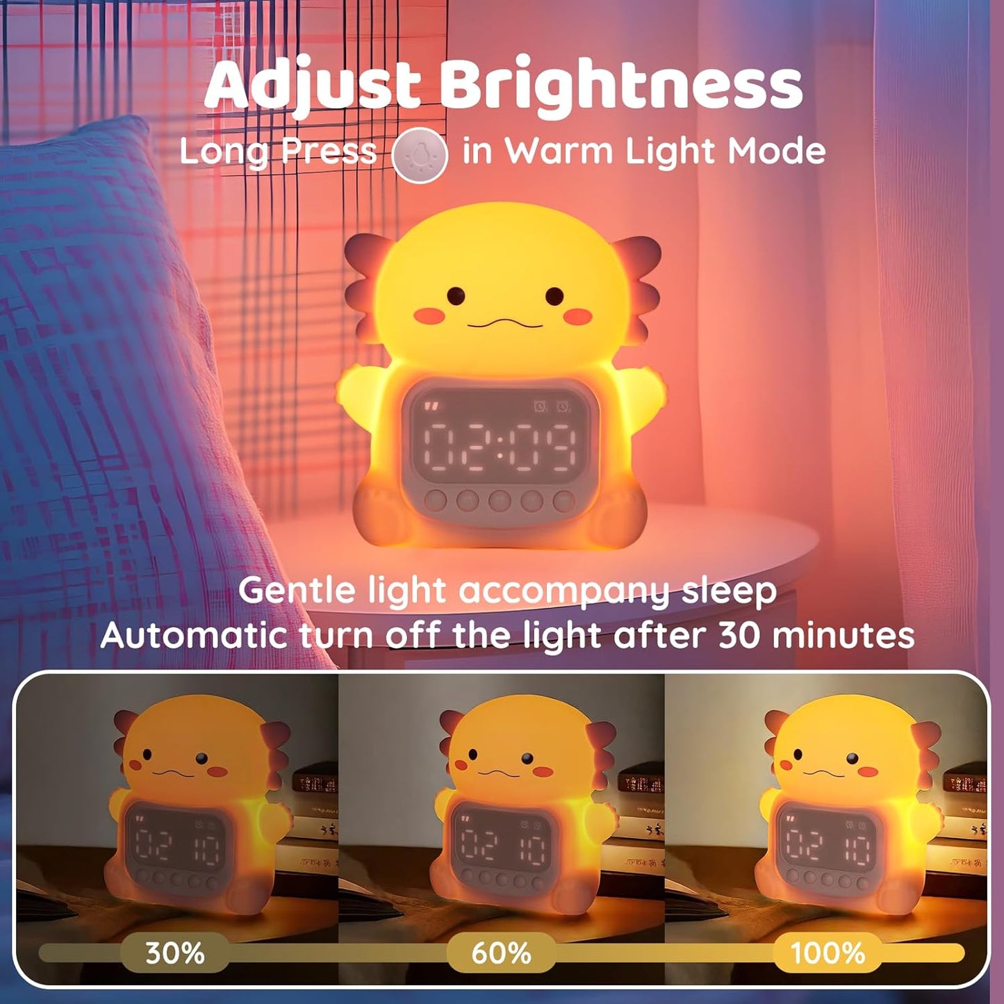 Axolotl Alarm Clock with Night Light for Kids, Rechargeable Silicone Lamp Time to Wake Clock，Cute