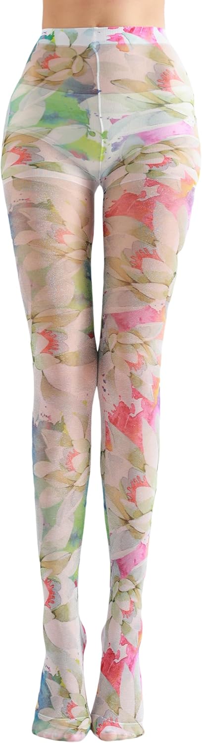 Sahabowi Women's Sheer Fashion Digital Print Fashions Stockings Metallic Silver Tights 1