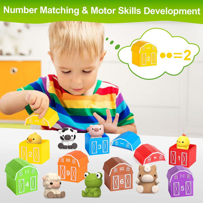 Learning Toy for Toddlers 1 2 3 Year Old, 10 Farm Animal Toys & 10 Barns, Counting, Matching &