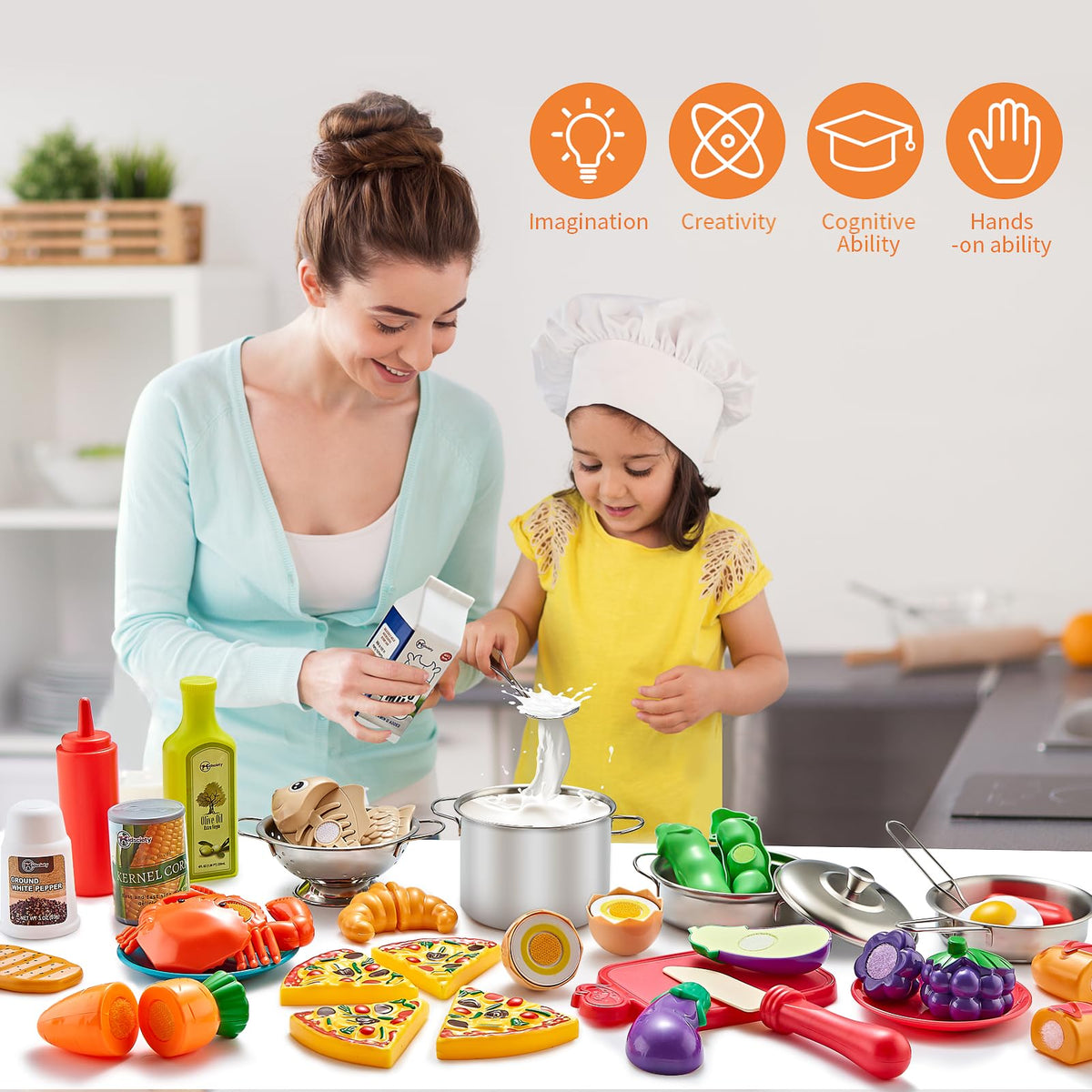 Kidsciety Pretend Play Kitchen Accessories, 52pc Kids Kitchen Playset with Play Food, Stainless