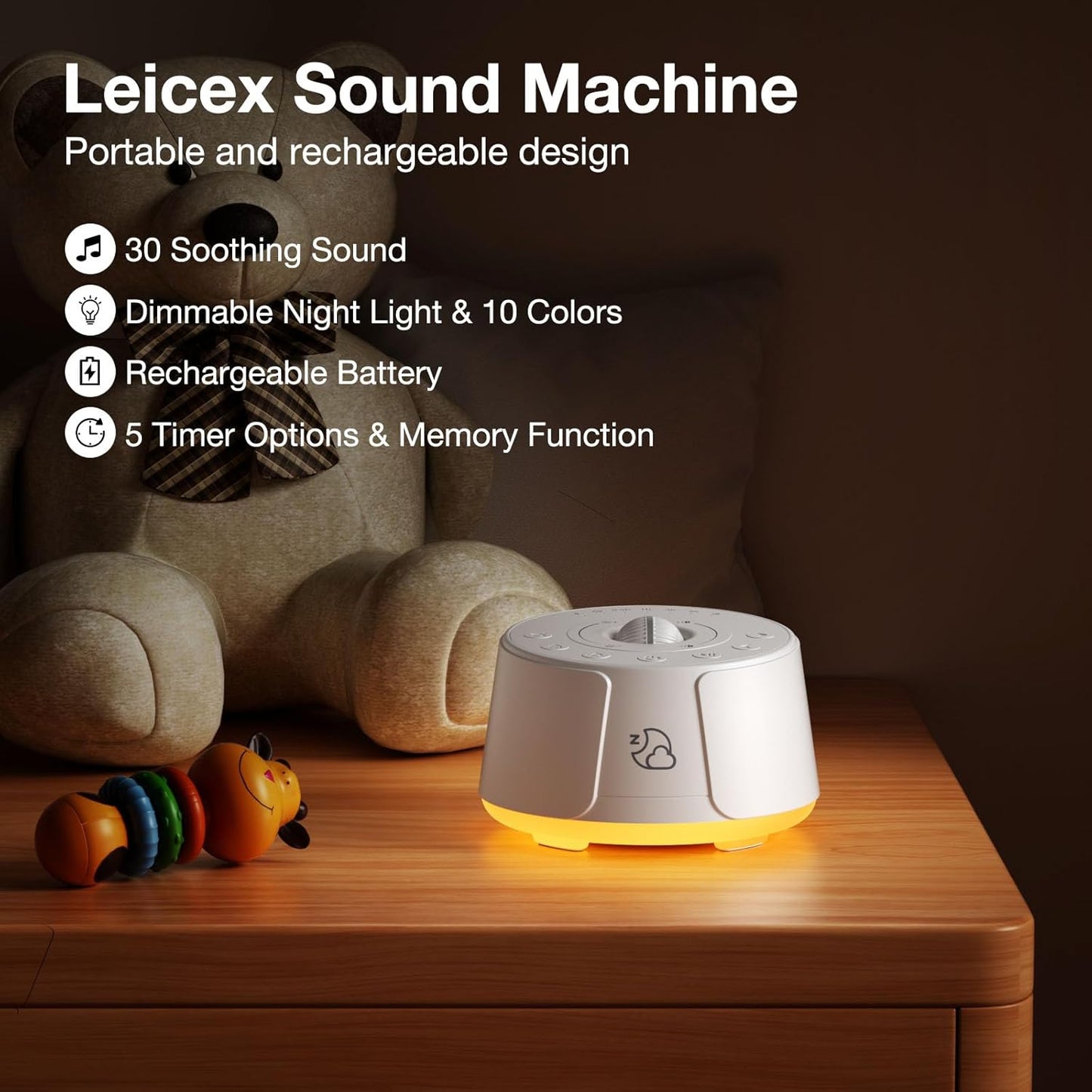 Sound Machine LEICEX White Noise Machine - 30 Soothing Sounds, 10 Colors Night Light, Rechargeable