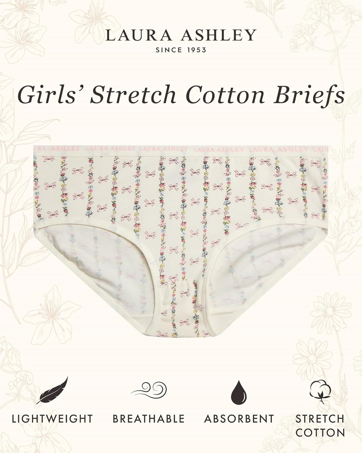 Laura Ashley Girls Underwear - 5 Pack Soft Stretch Breathable Panties for Girls - Lightweight