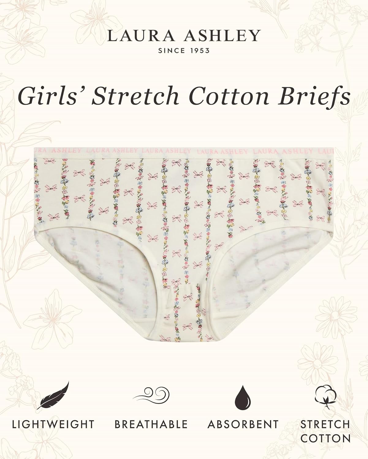 Laura Ashley Girls Underwear - 5 Pack Soft Stretch Breathable Panties for Girls - Lightweight