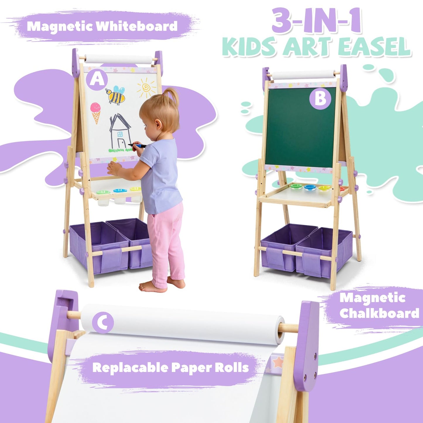 3-in-1 Kids Art Easel Set, Height Adjustable Magnetic Whiteboard & Chalkboard with Painting Paper