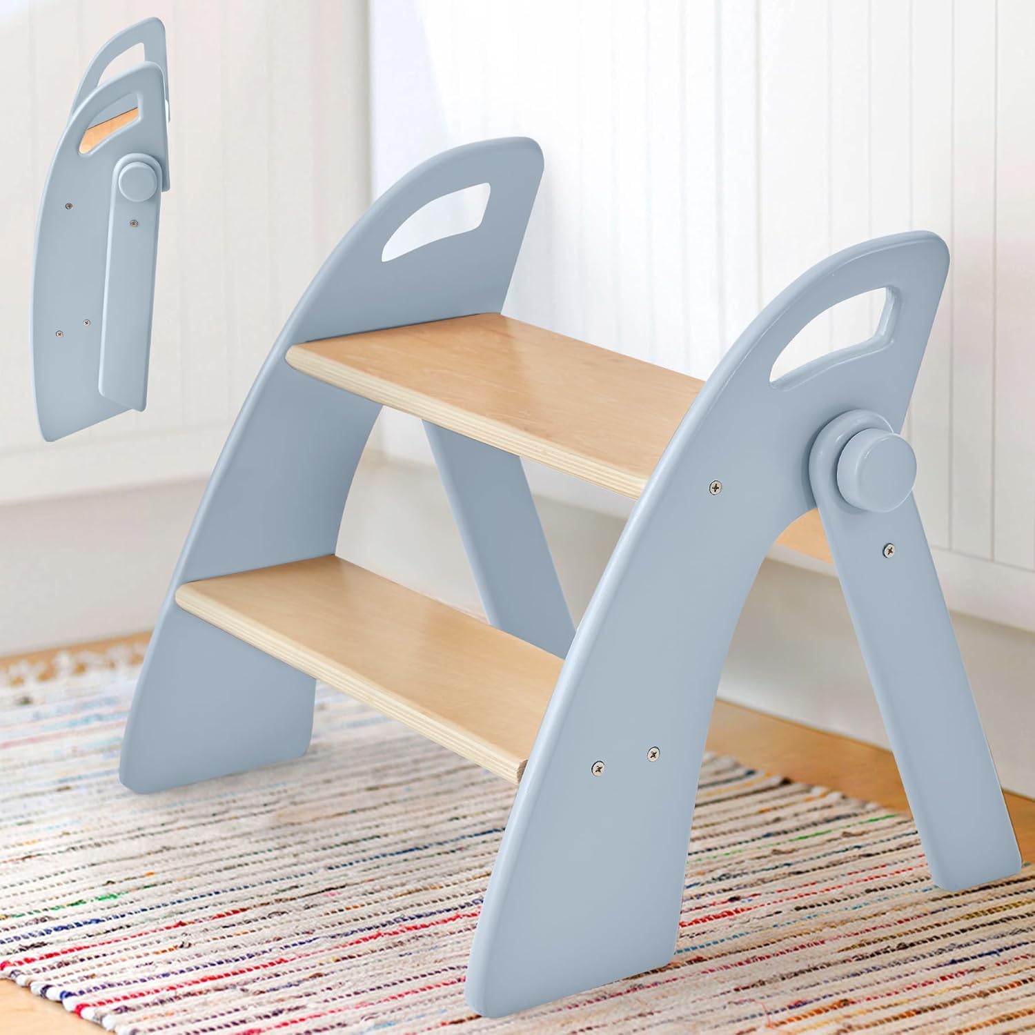 Reeple Wooden 2 Step Stool for Toddlers, Foldable 2-Step with Non-Slip Pads and Handles, Bamboo