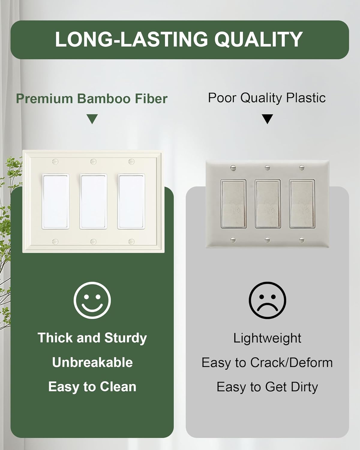 2-Pack Triple Decorator Outlet Cover Plate, Light Almond Modern Decorative Switch Plates and Outlet