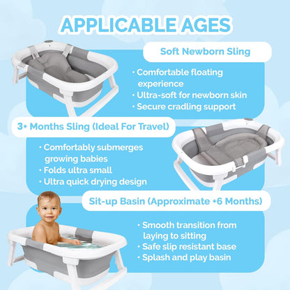 BEBELEH™ Collapsible Baby Bathtub with Thermometer – Bathtub + Baby tub Sling + Newborn Sling