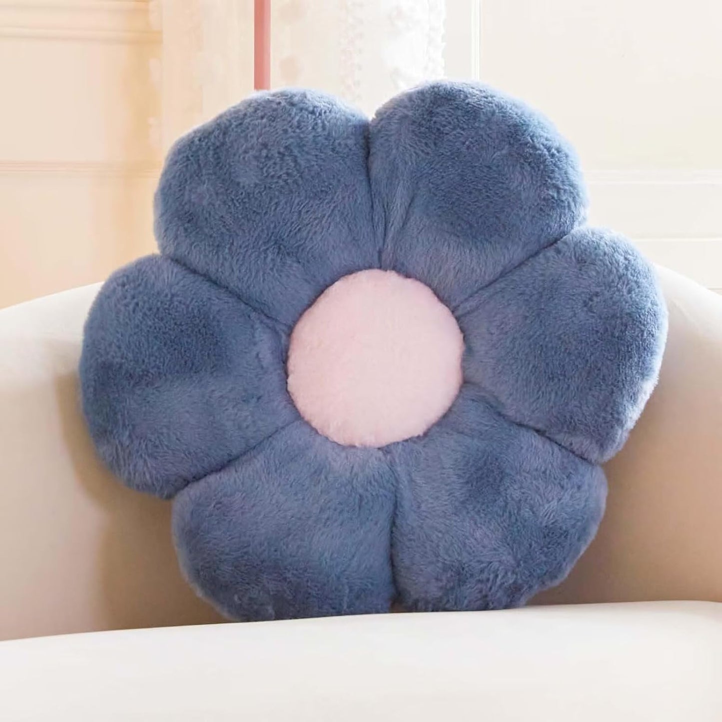 Dusty Blue Flower Shaped Throw Pillow with Faux Rabbit Fur, 14.9" Soft Plush Throw Pillow for