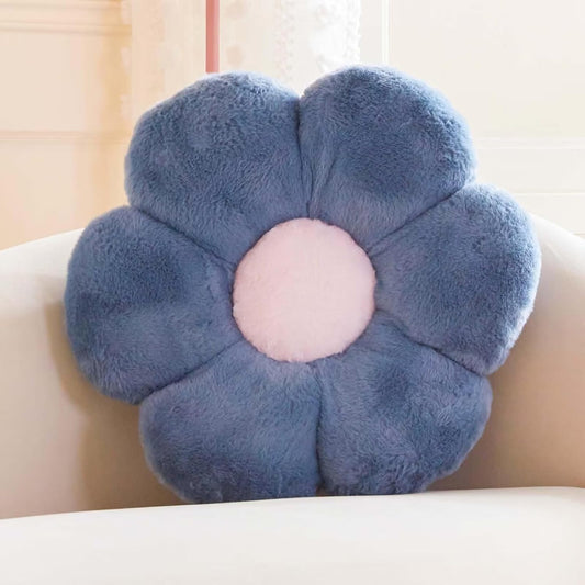 Dusty Blue Flower Shaped Throw Pillow with Faux Rabbit Fur, 14.9" Soft Plush Throw Pillow for
