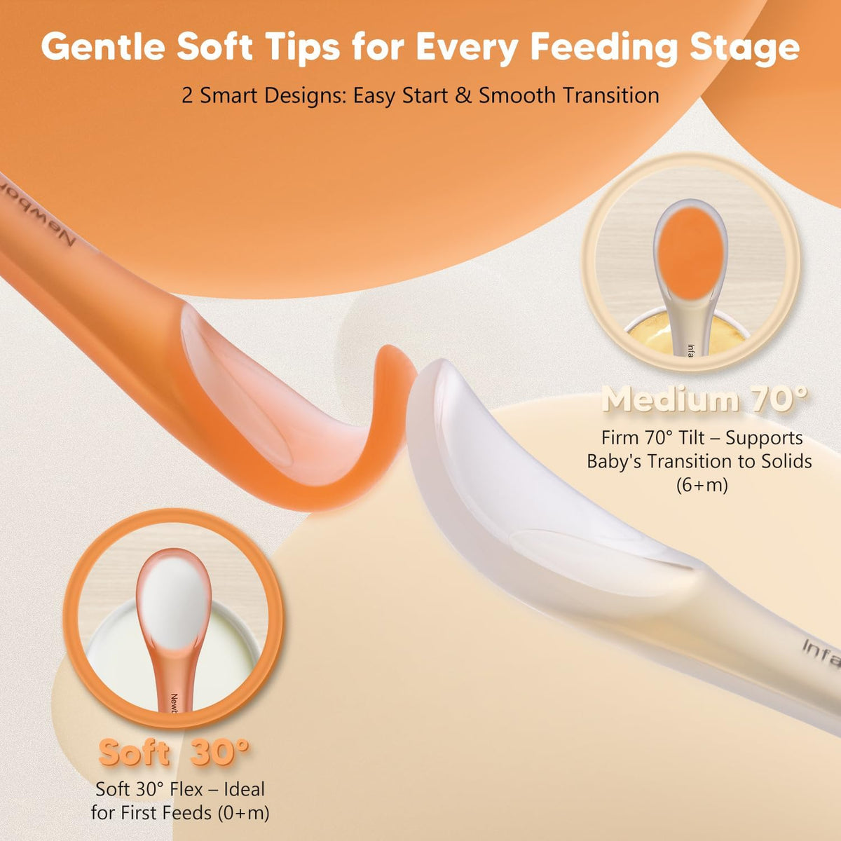 Silicone Baby Spoons 2-Pack with Case, New Born Self Feeding Toddler Spoon, Baby Led Weaning