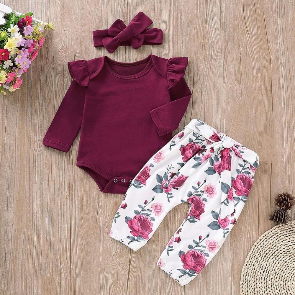 Newborn Baby Girl Clothes, Infant Girl Outfits Long Sleeve Ruffle Romper + Floral Pants + Headband