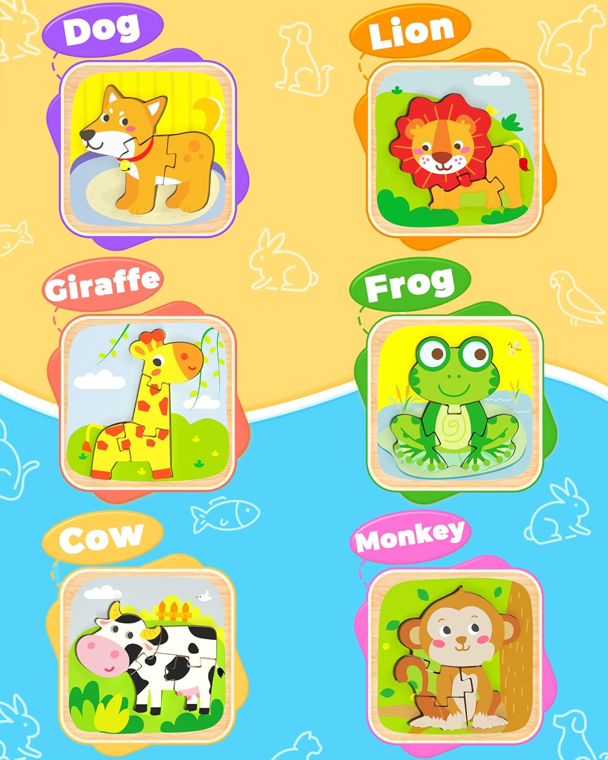 Benresive Wooden Toddler Puzzles, 6pcs Animal Montessori Toys for 1-3 Year Old Boys & Girls