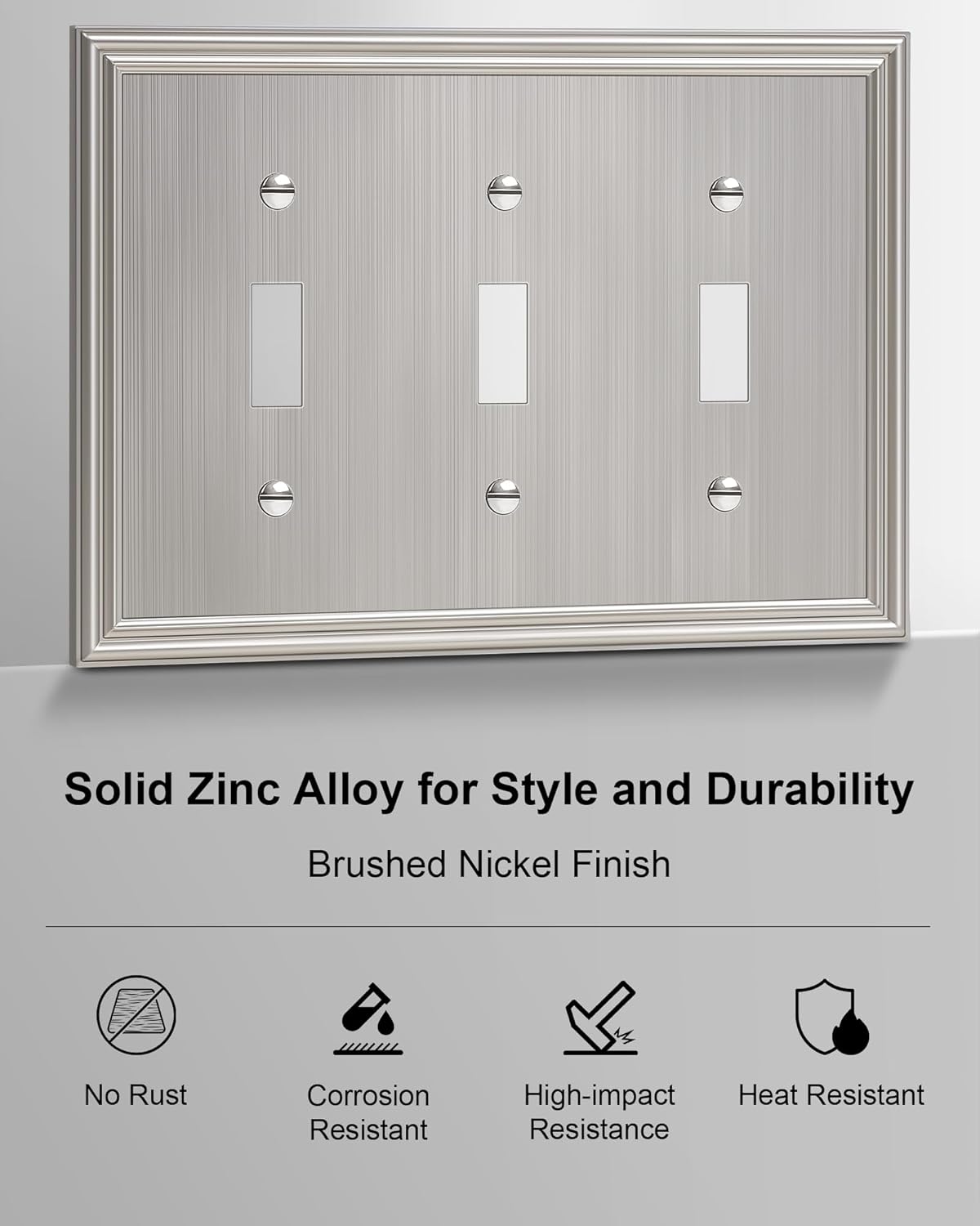 2-Pack Triple Toggle Light Switch Cover Plate, Durable Solid Zinc Alloy Decorative Switch Plate