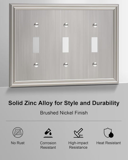 2-Pack Triple Toggle Light Switch Cover Plate, Durable Solid Zinc Alloy Decorative Switch Plate