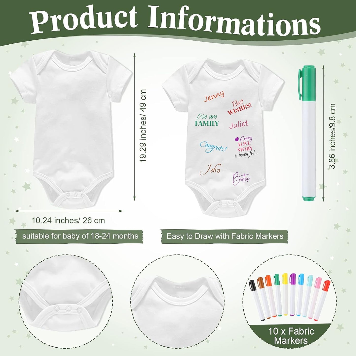 Qunclay 12 Pcs Baby Bodysuit Baby Shower Game Include 1 Game Wooden Sign Tabletop Decor 1 White