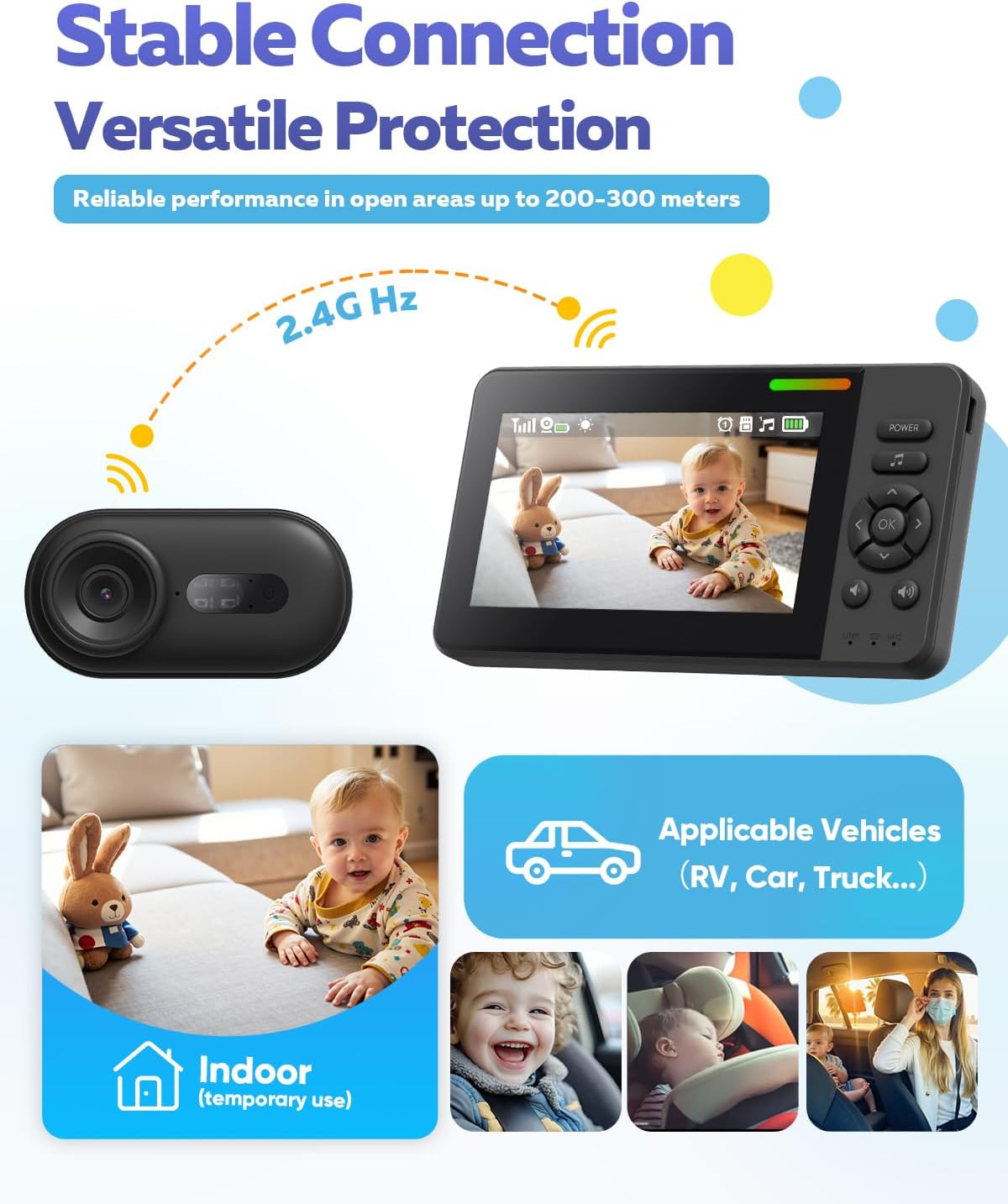 Wireless Baby Car Camera with 1080P Advanced Night Vision and 32H Battery, No Wi-Fi Needed Easy