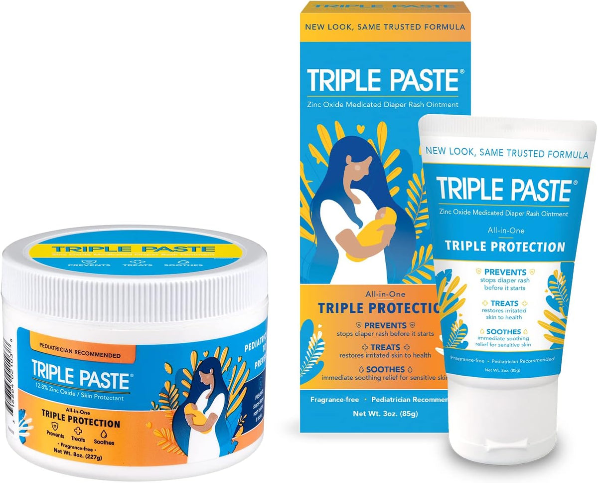 Triple Paste Diaper Rash Cream for Baby - 8 Oz Tub & 3 Oz Tube At Home & On the Go Bundle - Zinc