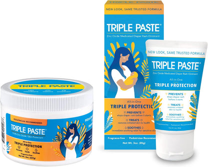 Triple Paste Diaper Rash Cream for Baby - 8 Oz Tub & 3 Oz Tube At Home & On the Go Bundle - Zinc
