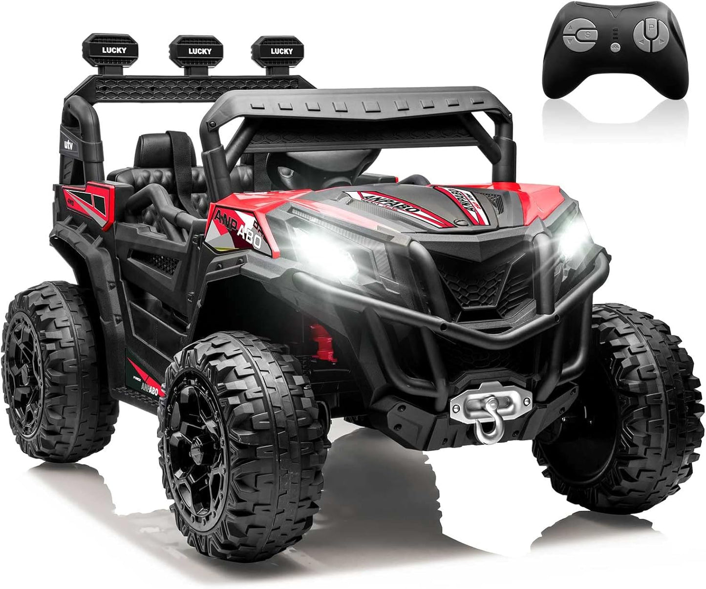 ANPABO 24V 4X4 Ride on Car Truck w/Remote Control, 4WD/2WD Switchable Kids UTV, 19" Spacious Seat