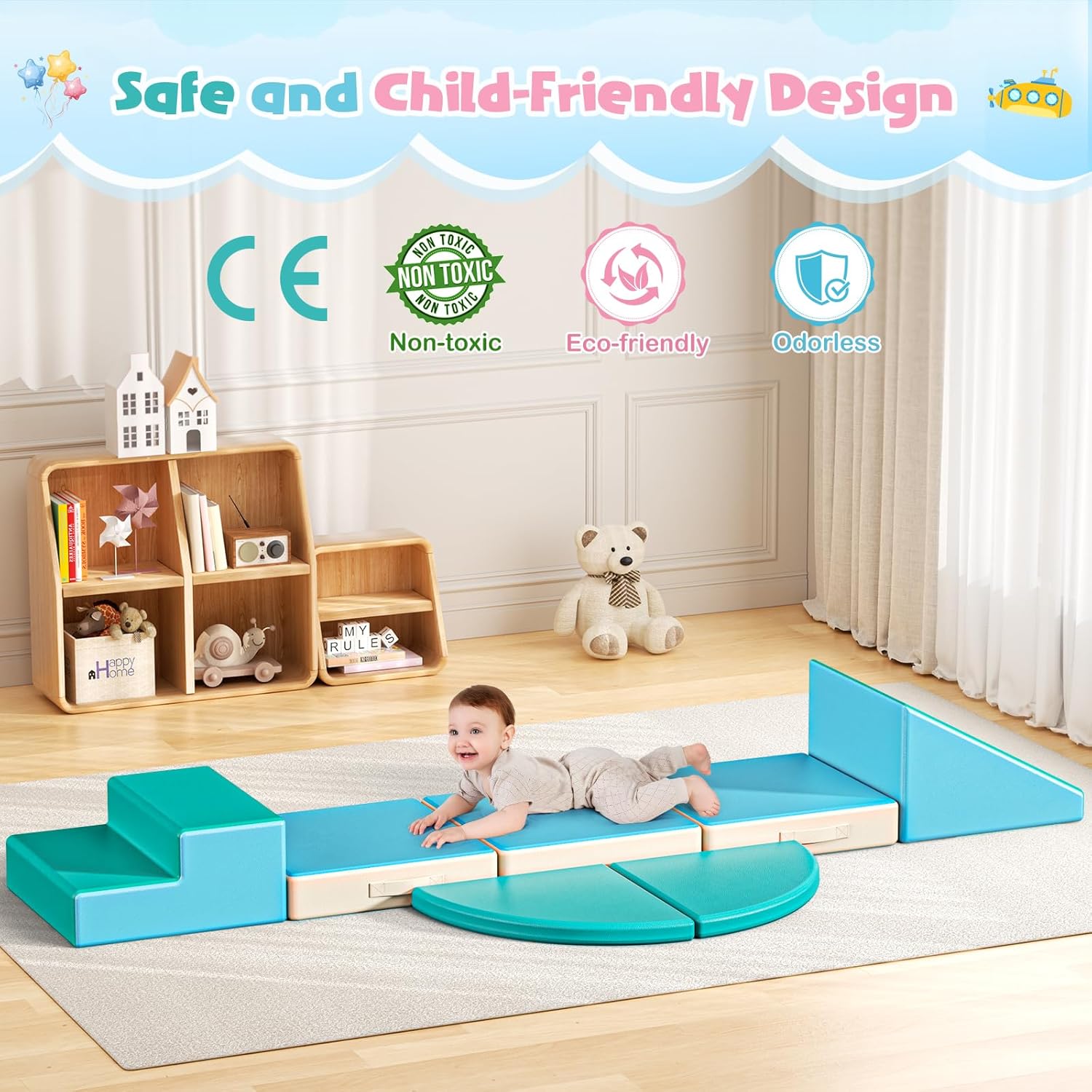 Lischwert Foam Climbing Blocks for Toddlers 1-3, 5pcs Foldable Soft Play Set with Crawling