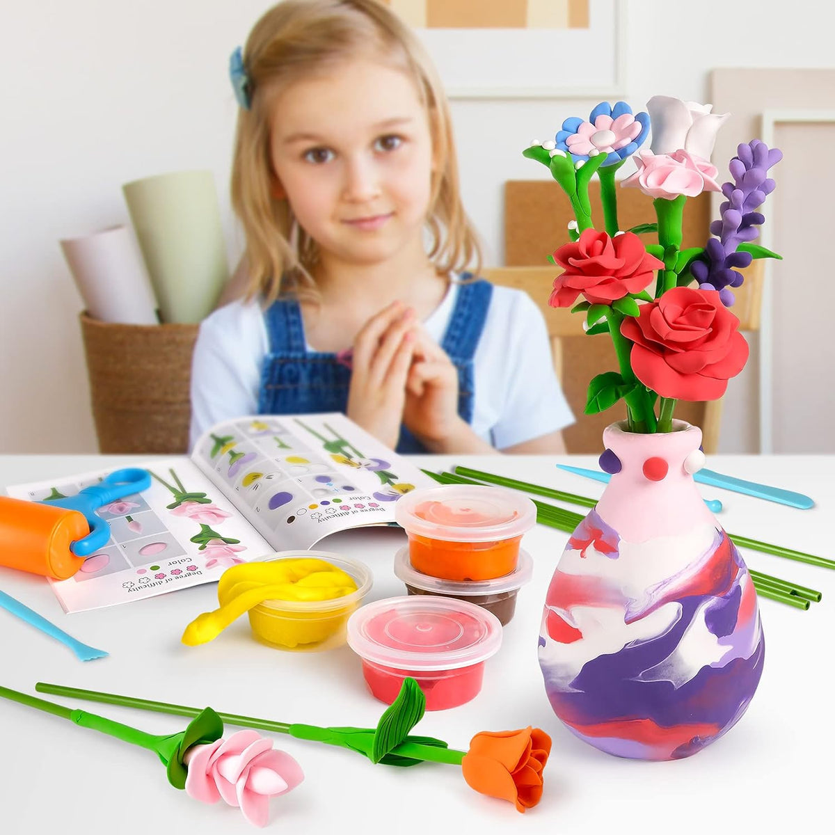 Drama Planet Flower Craft Kit for Kids, Make Your Own Flower Bouquet with Air Dry Clay, Arrange