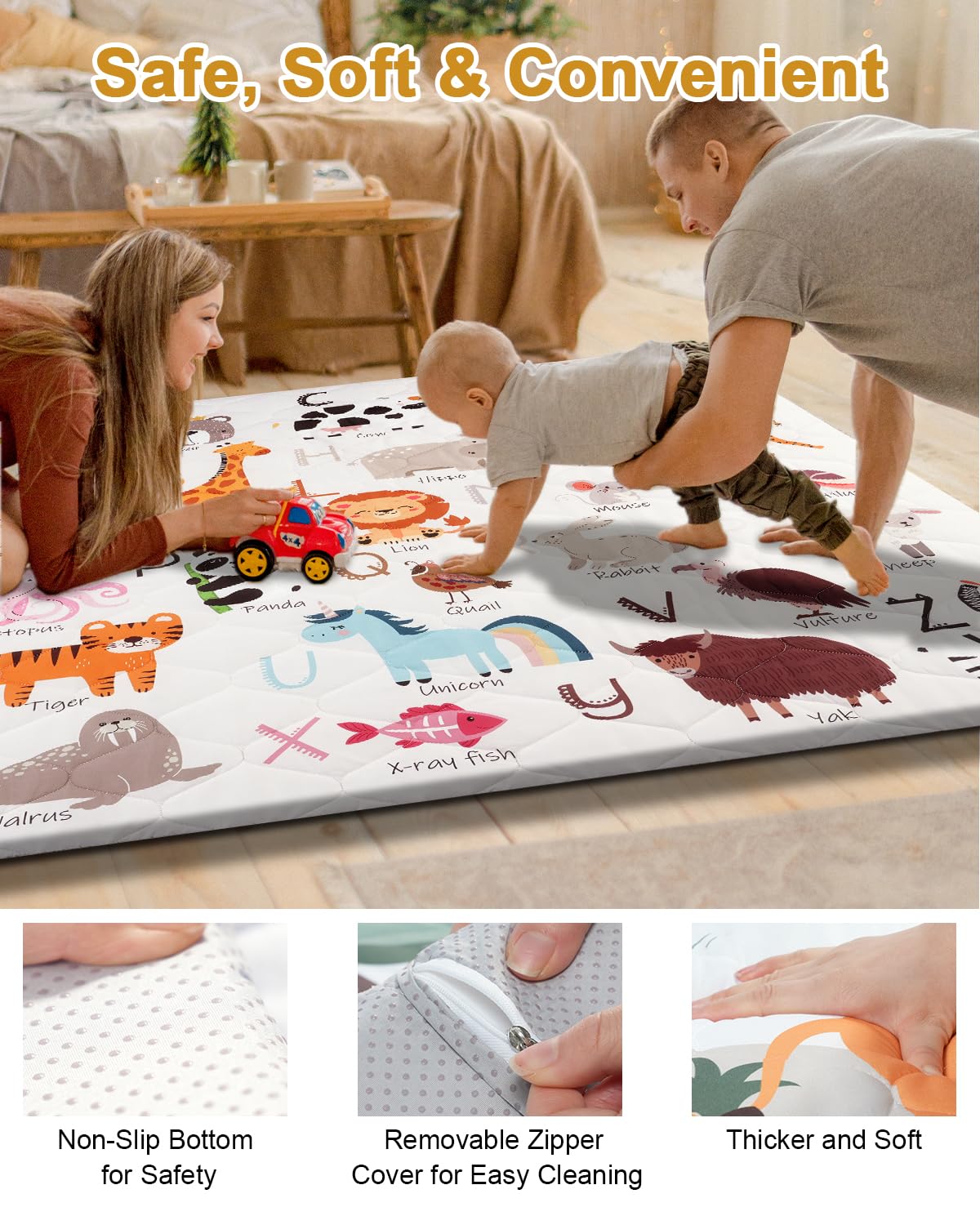 Premium Foam Baby Play Mat 50" x 50" – Removable & Machine Washable Cover, Extra Thick Padding