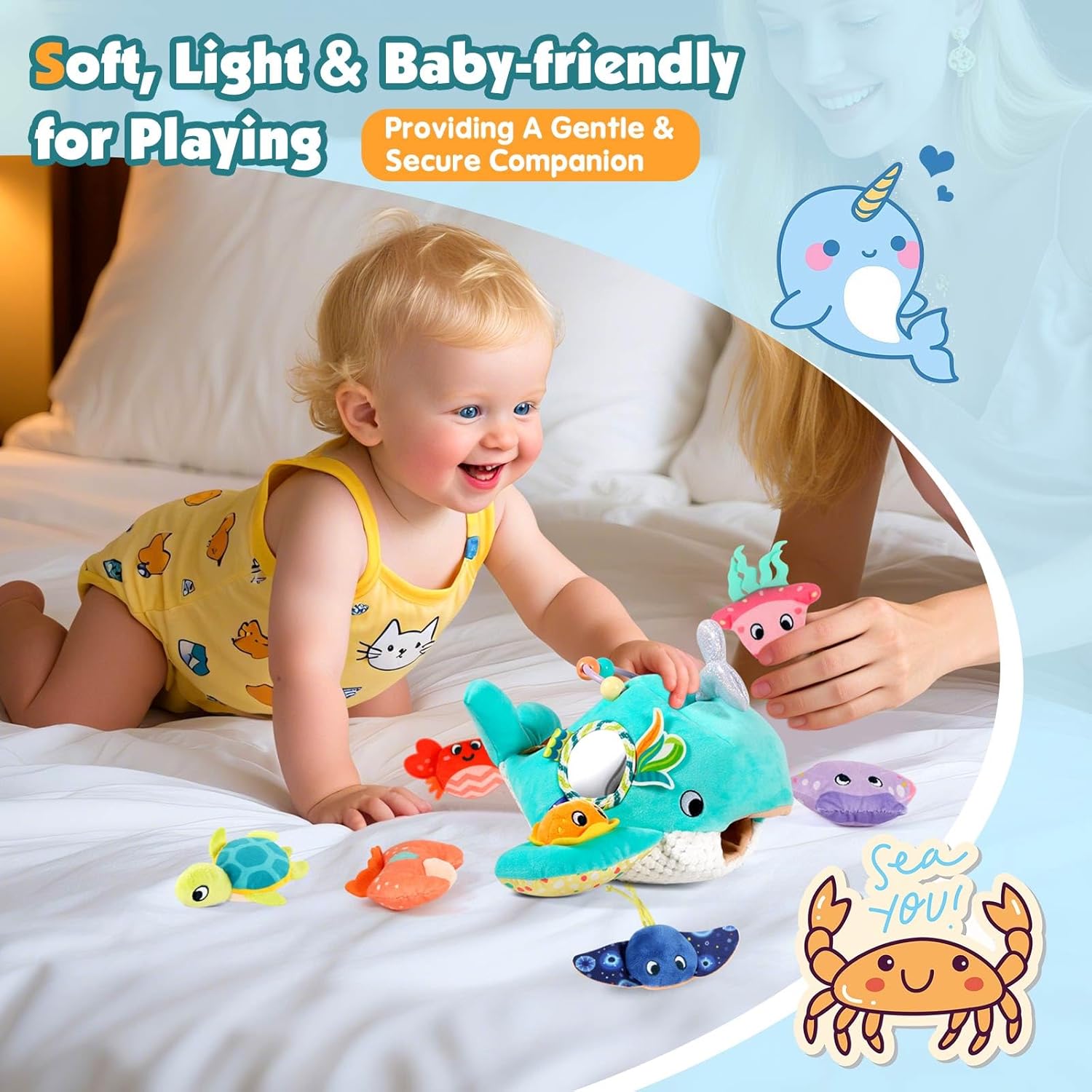 Baby Toys 6-12 Months - Soft Ocean Adventure Toy with Rattle, Crinkle Paper, Squeaker, Mirror