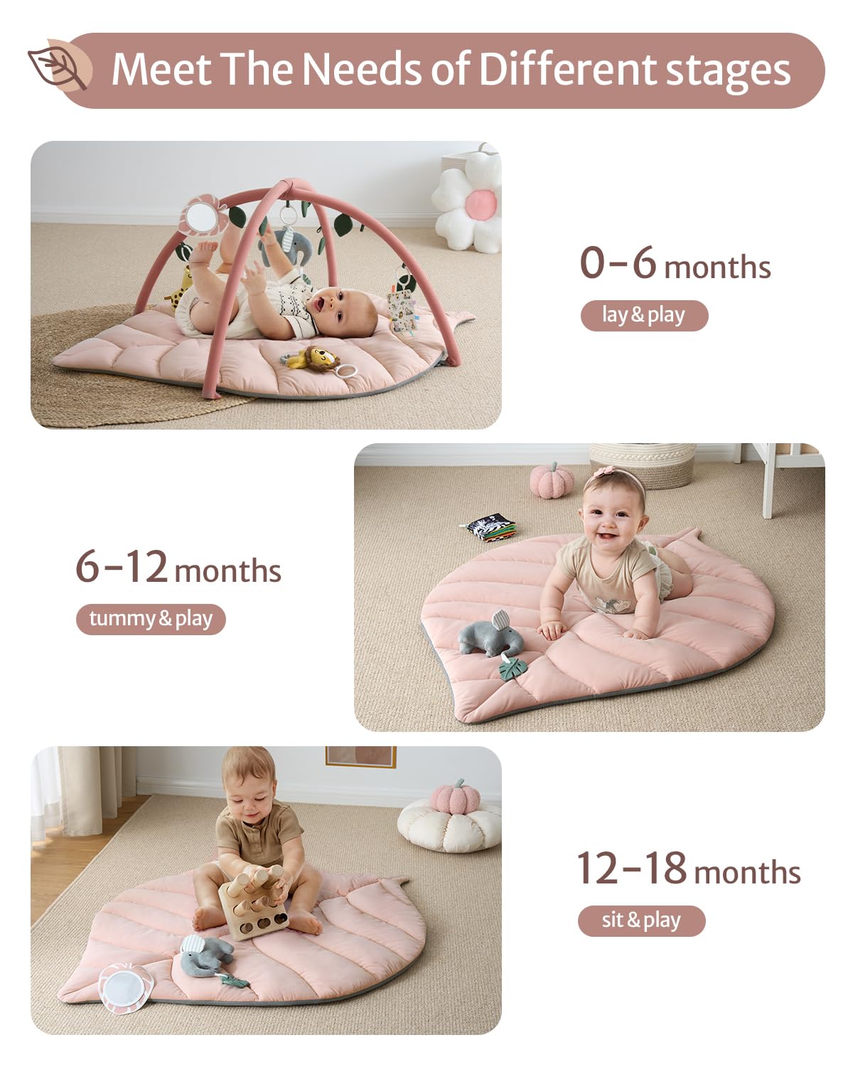 Blissful Diary Baby Play Gym & Activity Mat, Oversize Leaf Shaped Tummy Time Baby Play Mat w 6