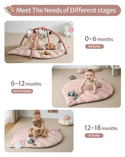 Blissful Diary Baby Play Gym & Activity Mat, Oversize Leaf Shaped Tummy Time Baby Play Mat w 6