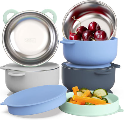 Baby Suction Bowls with Lids 4-Pack, 2-in-1 Stainless Steel 304 Toddler Bowl & Removable Silicone