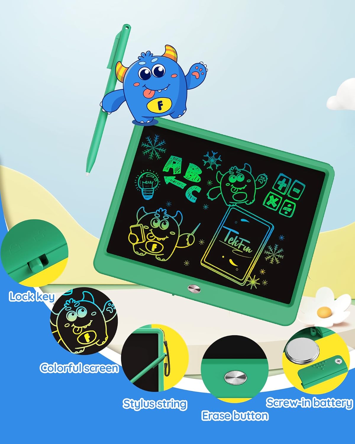 TEKFUN LCD Writing Tablet for Kids Boys Toys, 12 Inch Erasable Doodle Board Colorful Drawing Pad