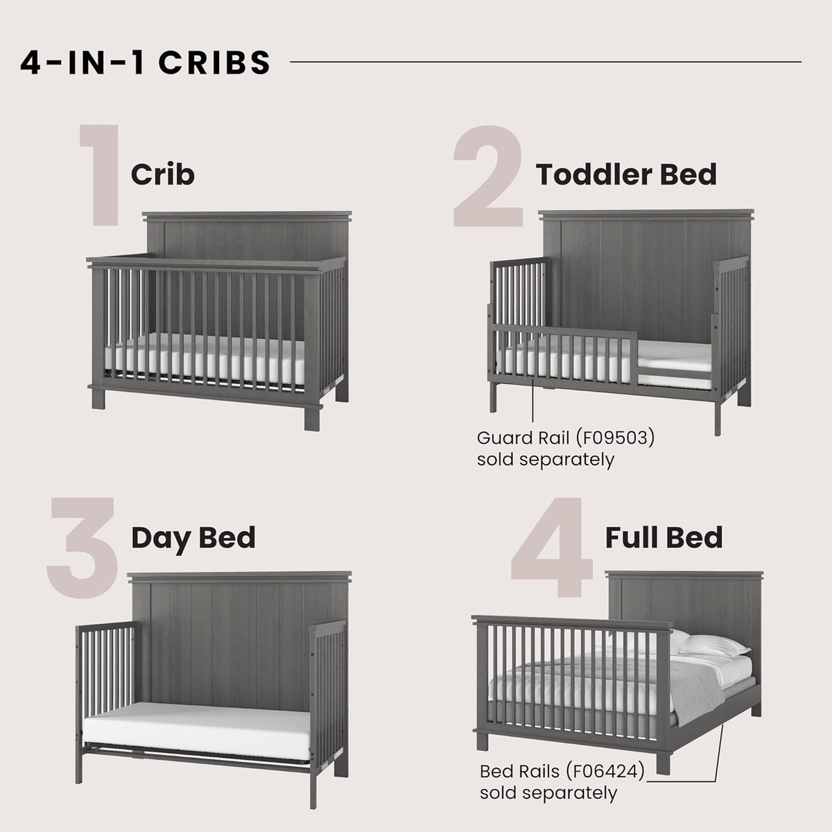 Child Craft Denman 4-in-1 Convertible Crib, Baby Crib Converts to Day Bed, Toddler Bed and Full