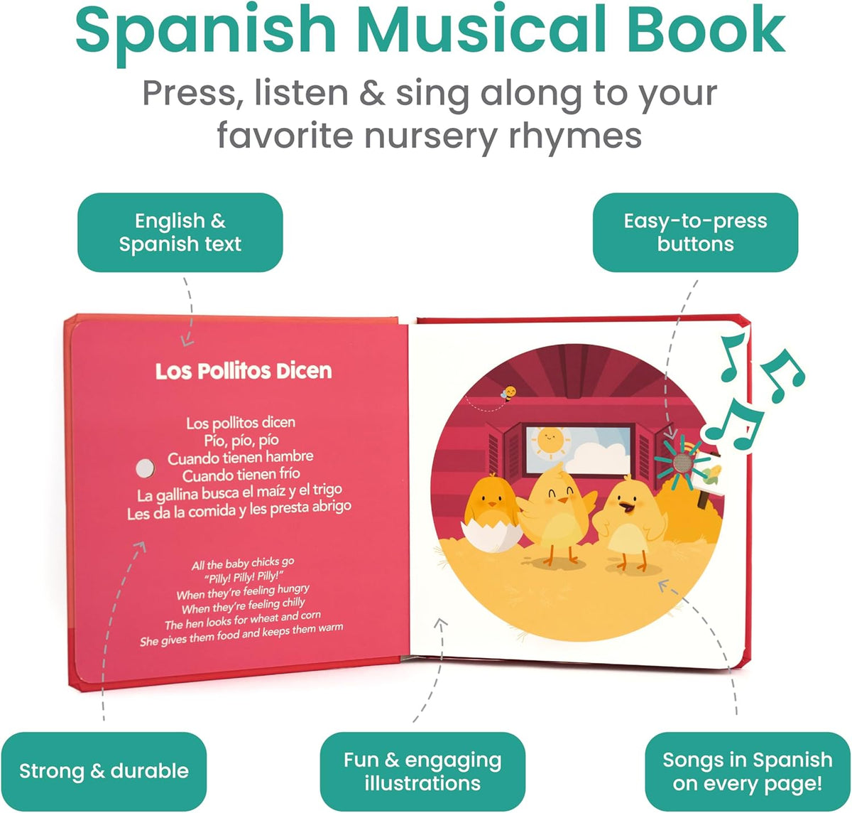 Binibi Spanish Musical Book for Babies & Toddlers 1-3 Los Pollitos Dicen & Other Nursery Rhymes |